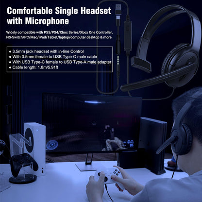 Joso Wired Single Ear Headset with Mic for PS5/PS4/Xbox/PC - Vertical Mic, Black, Model CO26-1