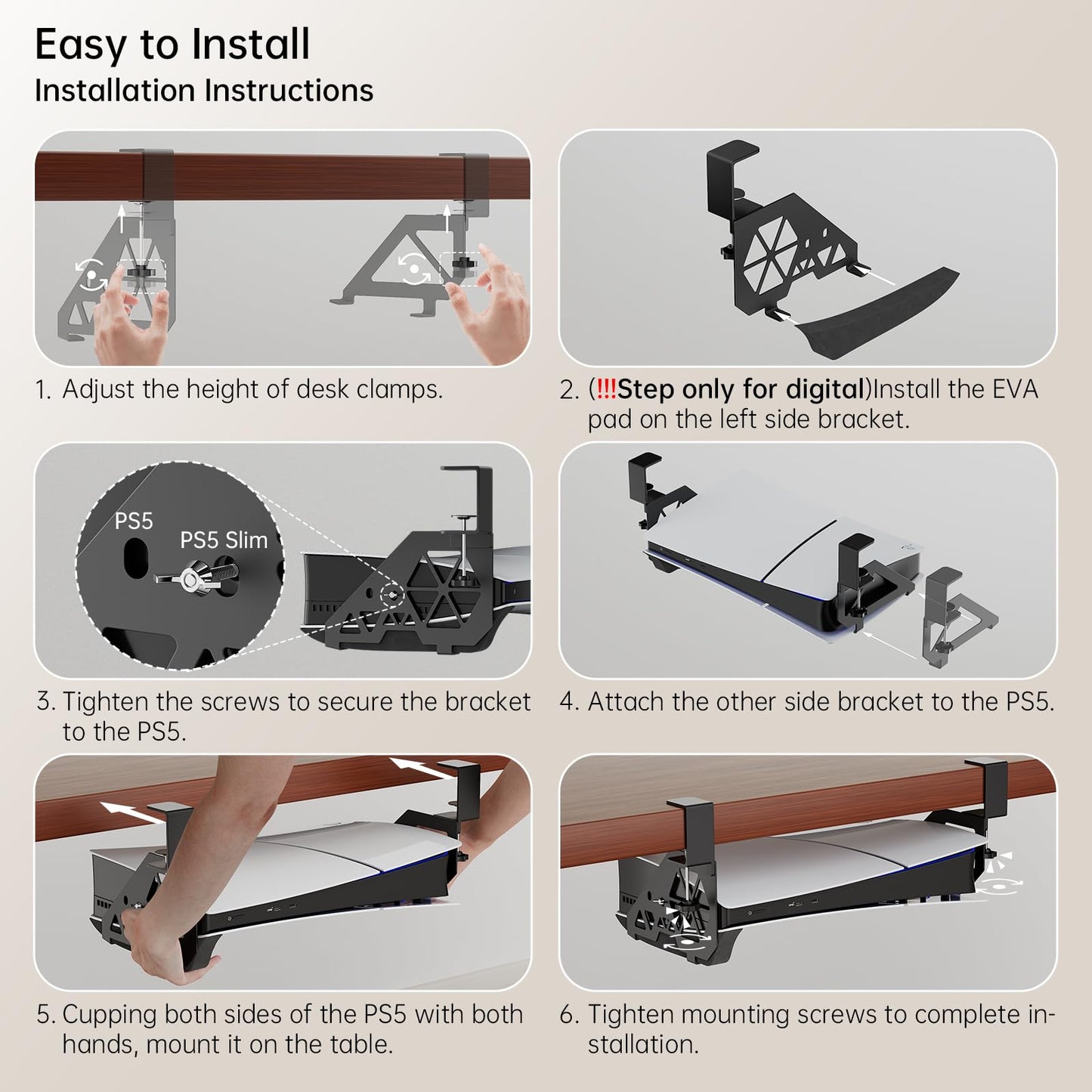 Hosanwell PS5 Under Desk Mount - No-Drill Clamp for PS5 & PS5 Slim, Model HOS-PS5, Includes Clamps, Screws, EVA Foam