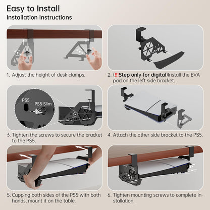 Hosanwell PS5 Under Desk Mount - No-Drill Clamp for PS5 & PS5 Slim, Model HOS-PS5, Includes Clamps, Screws, EVA Foam