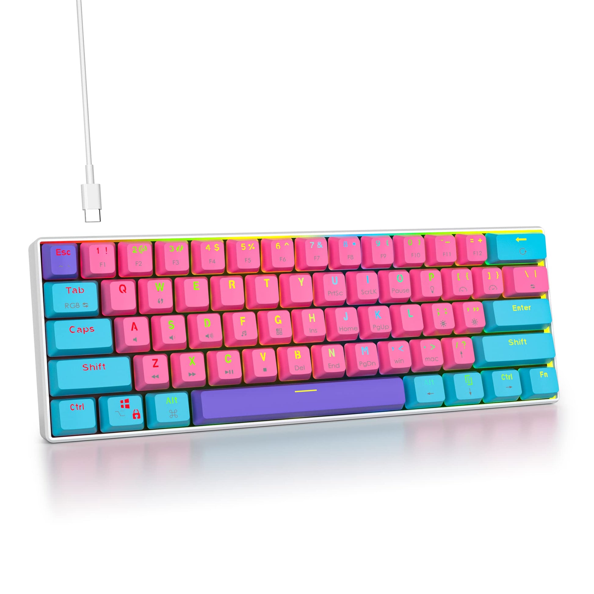 Fogruaden 60% Mechanical Keyboard, 61 Keys RGB Backlit, Pink, Wired for Win/Mac PC Gamer, Ultra-Compact, Red Switch