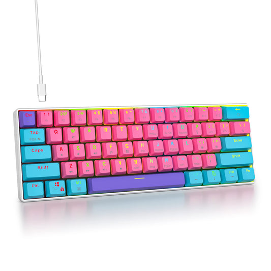 Fogruaden 60% Mechanical Keyboard, 61 Keys RGB Backlit, Pink, Wired for Win/Mac PC Gamer, Ultra-Compact, Red Switch