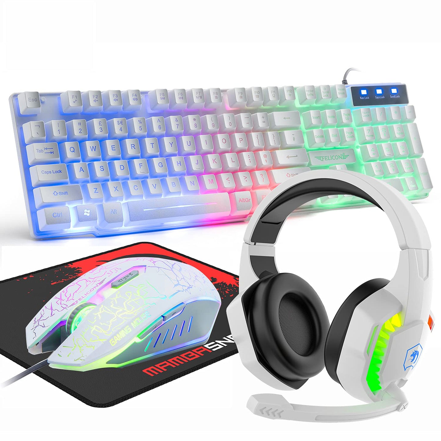Wired Gaming Keyboard and Mouse Headset Combo Rainbow LED Backlit Wired Keyboard Over Ear Headphone with Mic Rainbow Backlit Gaming Mice Mouse Pad for PC Laptop Mac PS4 Xbox(White)