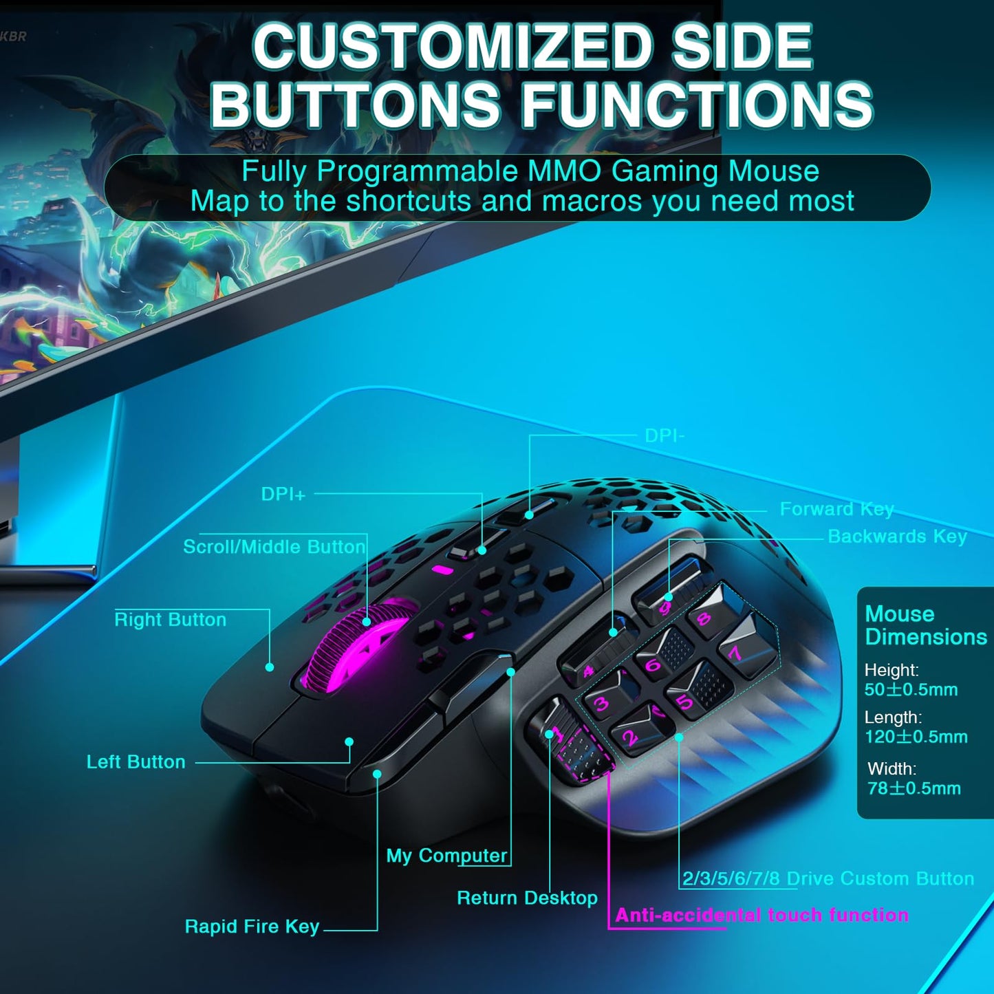 SOLAKAKA SM809 Pro Gaming Mouse - 24000 DPI, 9 Side Buttons, 16 Programmable Macros, Black