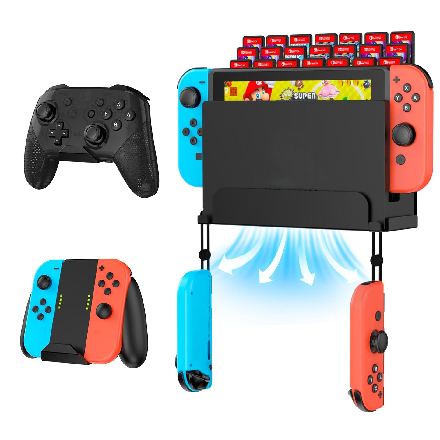 KUNSLUCK Wall Mount for Nintendo Switch/Switch OLED with 2 Controller Wall Mount and 28 Game Card Holders  Safely Store Your Switch Console Near or Behind Your TV (Black)