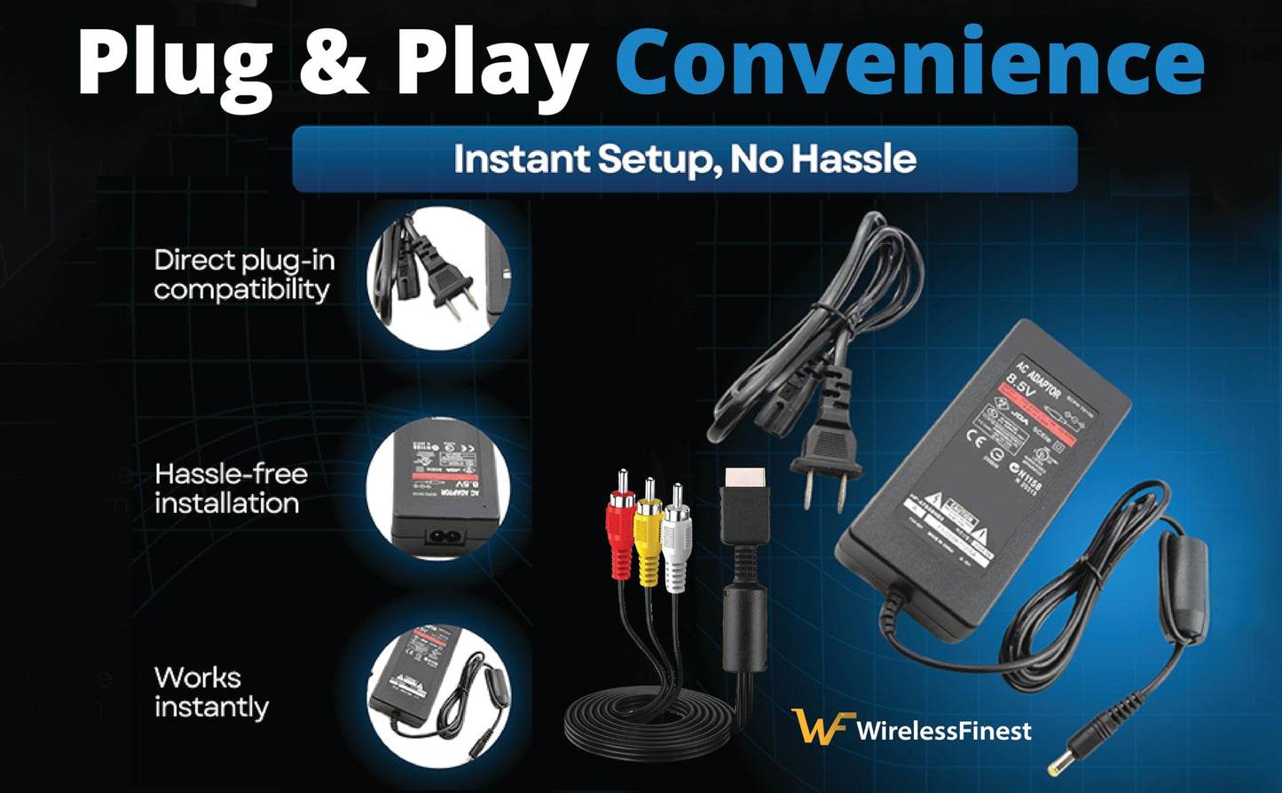 WirelessFinest Power Supply AC Charger Adapter for Sony PS2 Slim - Black AV Cable Replacement Set