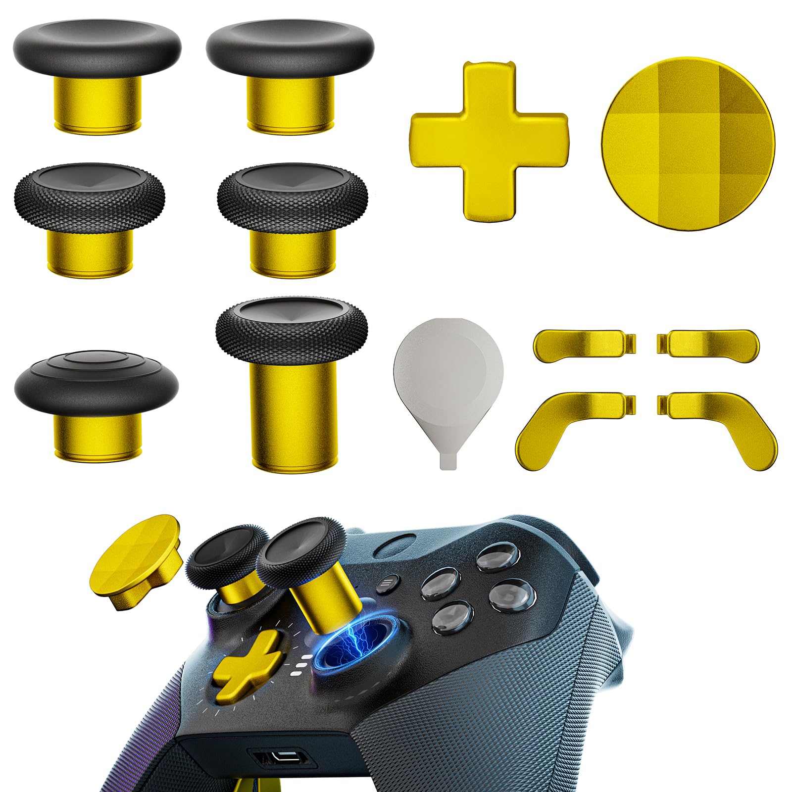 14-in-1 Controller Accessories Kit Compatible with Xbox Elite Series 2  6 Premium Metal Thumbsticks  Swap Joysticks  4 Interchangeable Paddles  2 D-Pads  1 Tool & 1 Storage Bag (Bright Gold)