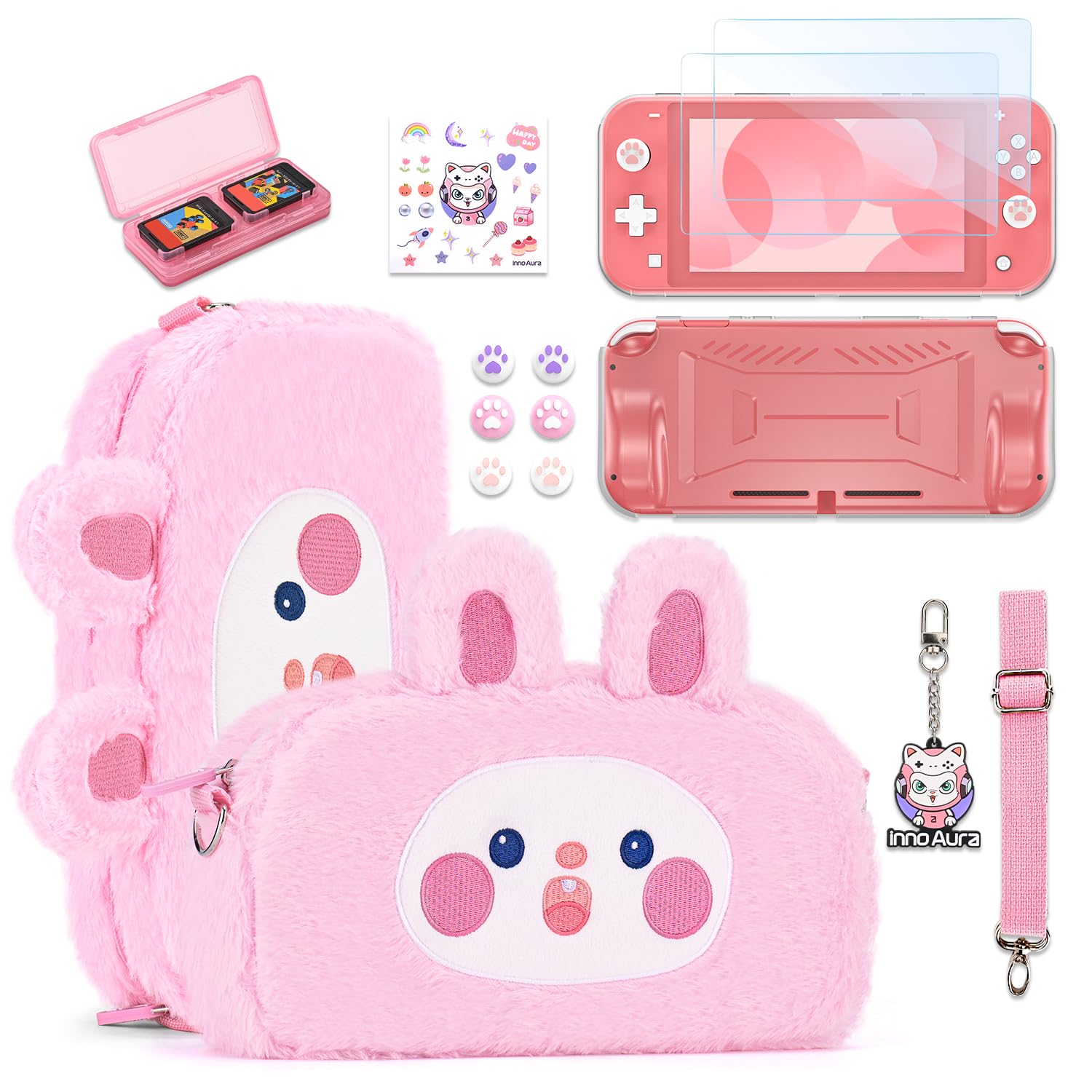 innoAura Switch Lite Case 14-in-1 Accessories Bundle for NS Switch Lite (2019)  with Protective Carrying Case  Game Holder  Screen Protector & Cute Thumb Grips  Pink Rabbit Plush Bag