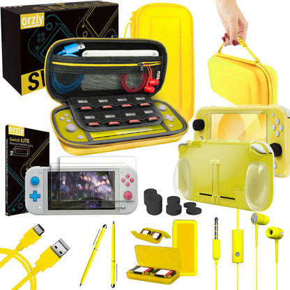 Orzly Switch Lite Accessories Bundle - Yellow Case, Screen Protector, USB Cable, Games Holder & More (Model: ORZACCPACK2NSWLITEYLLW)