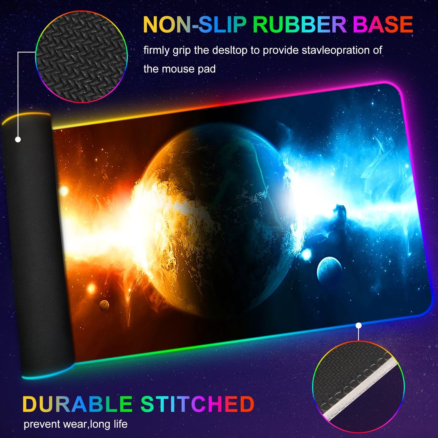 ARTSO RGB Gaming Mouse Pad XXL 35.4x15.7 inch, 14 Lighting Modes, Non-Slip Rubber Base, Universe Space Starry Sky