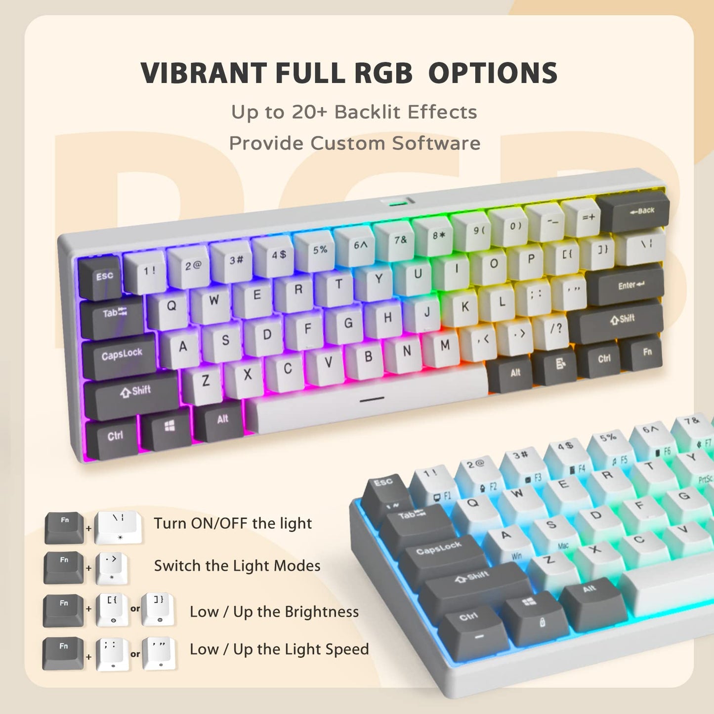 iLovBee i61 Mechanical Keyboard - 60% Wired Hot Swappable RGB, 61 Keys, Red Switch, Compact Design, Grey-White