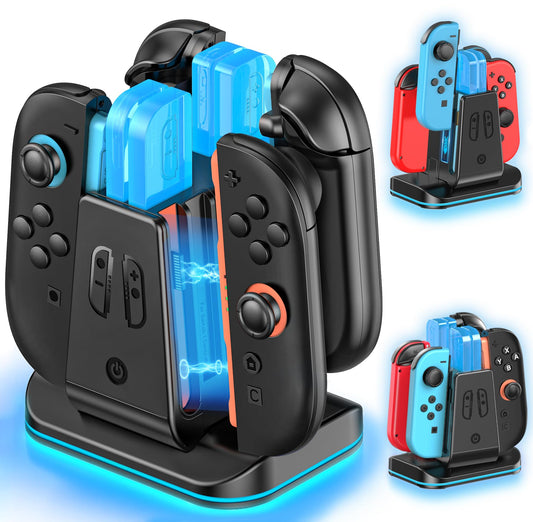 Rysker Switch 2-in-1 Controller Charger Dock, Fast Charging Station with 9 RGB Modes for Nintendo Switch/OLED/Original Joycons, Black