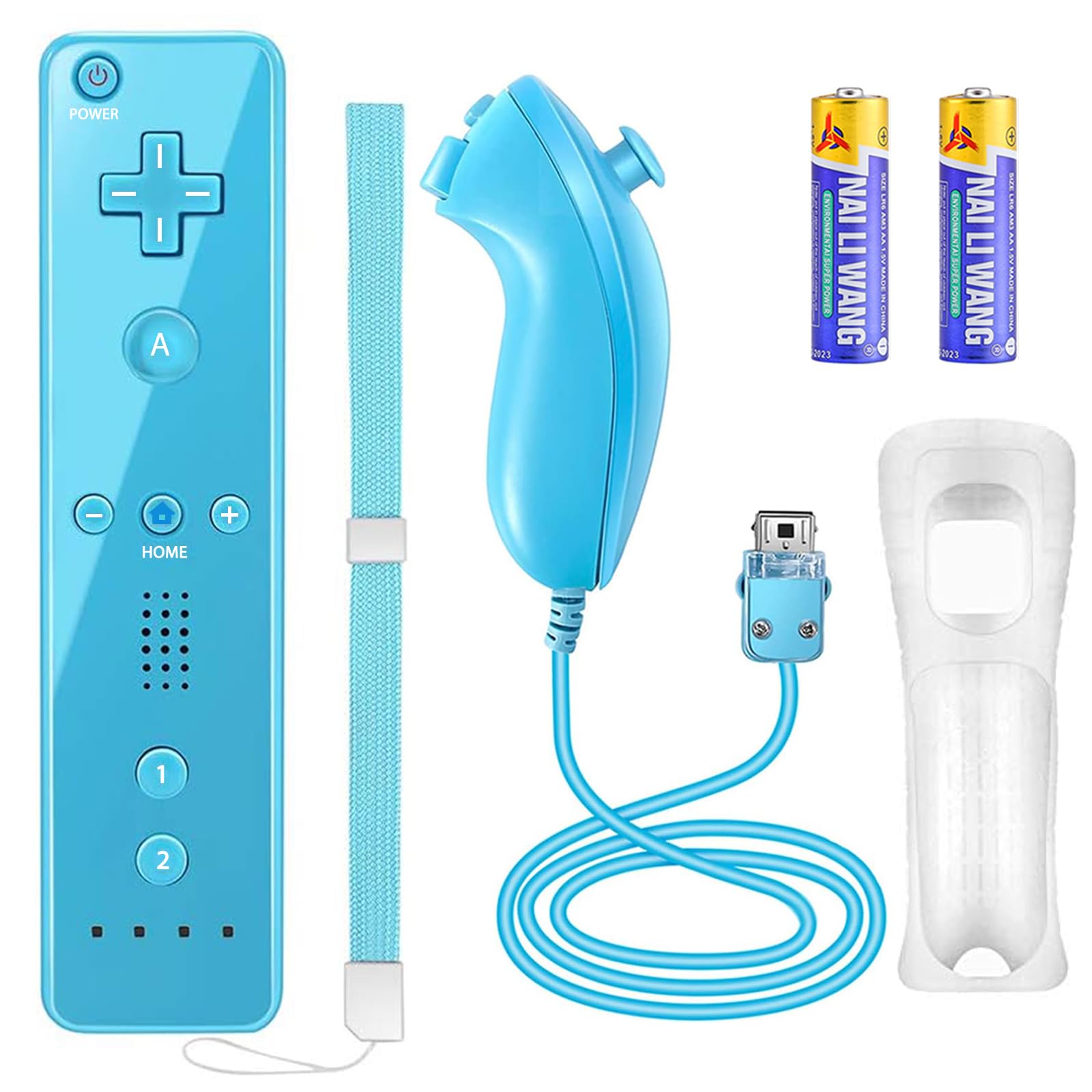 YOVONAZE Wii Remote Controller with Nunchuck, Silicone Case, Wrist Strap, 2 AA Batteries - Blue, Model YO-WII-R001