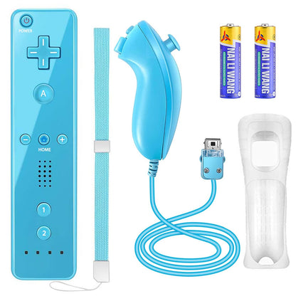 YOVONAZE Wii Remote Controller with Nunchuck, Silicone Case, Wrist Strap, 2 AA Batteries - Blue, Model YO-WII-R001