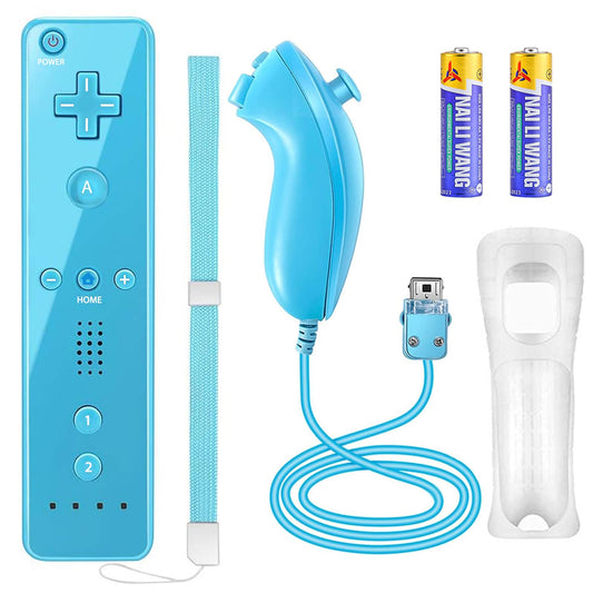 YOVONAZE Wii Remote Controller with Nunchuck, Silicone Case, Wrist Strap, 2 AA Batteries - Blue, Model YO-WII-R001