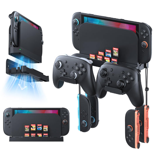 [Switch 2/1/OLED Universal] Metal Wall Mount for Nintendo Switch 2 2025 (Mounts Switch 2 Behind TV) - Switch 2/Switch/OLED Organizer Shelf Stand with 10 Game Card sections with Joycon Hanger Brackets *4