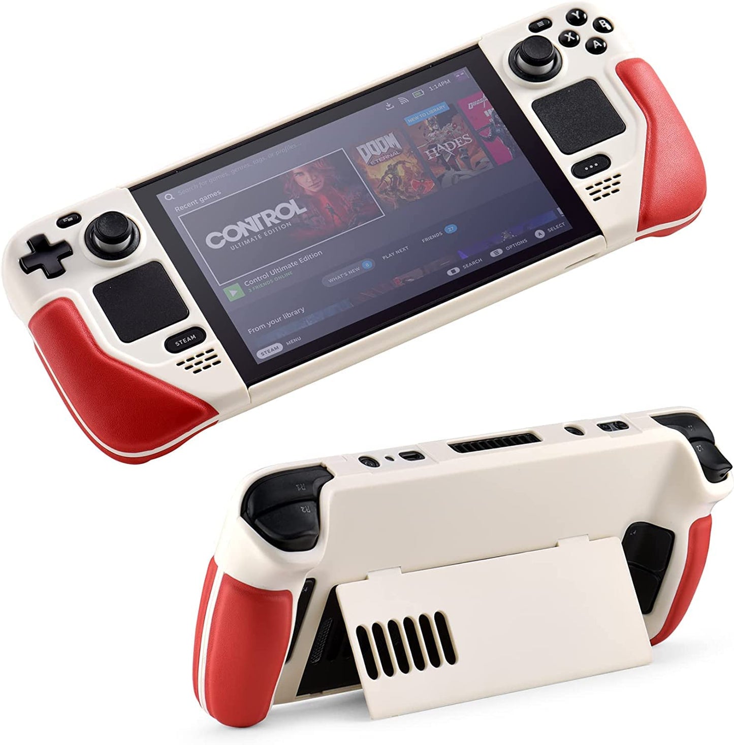 UYIYE Kickstand Case for Steam Deck - Protective, Reliable Accessory, White/Red, Model CASE-STEAM-FT02