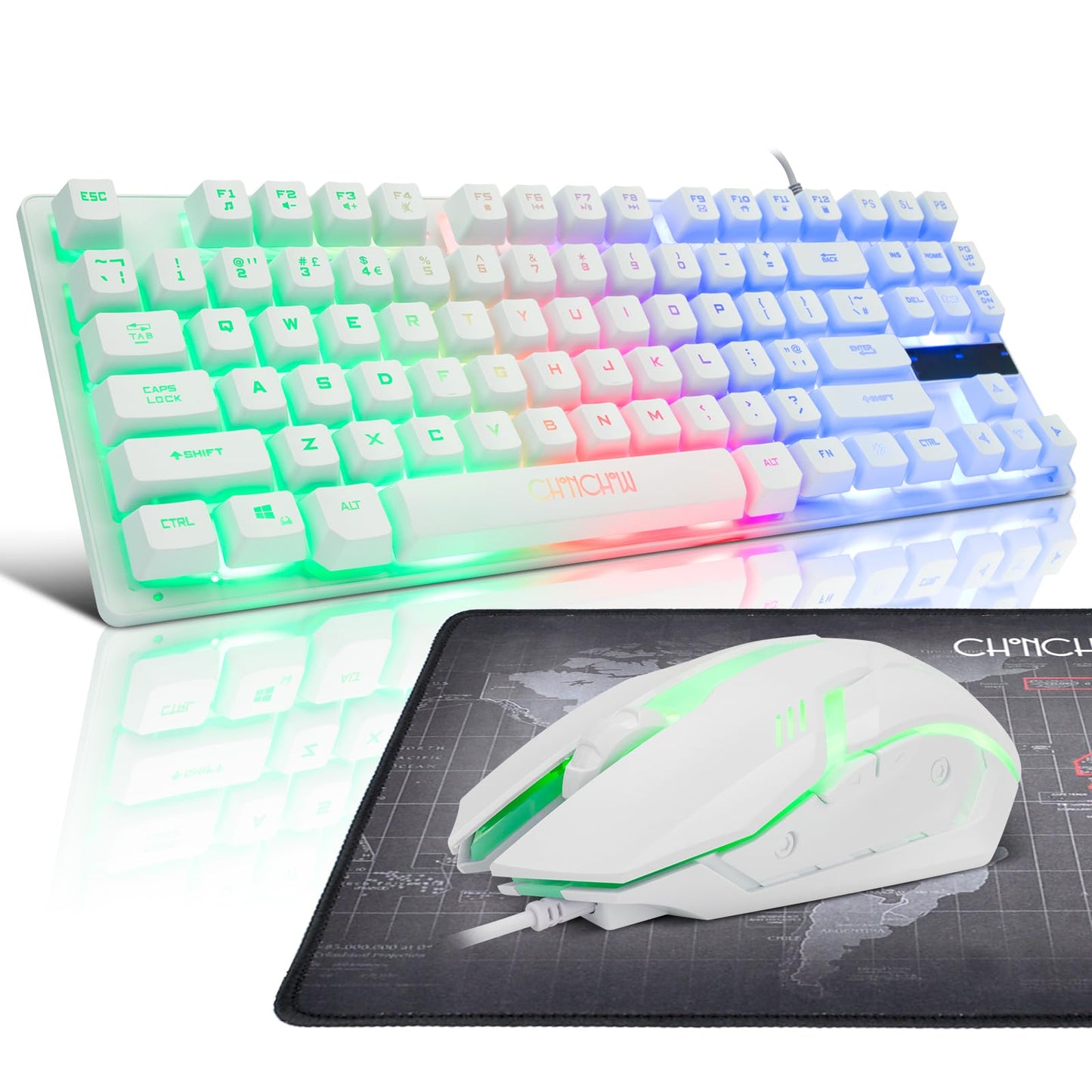 CHONCHOW 87 Keys TKL Wired Gaming Keyboard  Rainbow Led Backlight  White Keyboard and Mouse 3200DPI Combo Compatible with PC Laptop Ps4 Ps5 Xbox Gamer