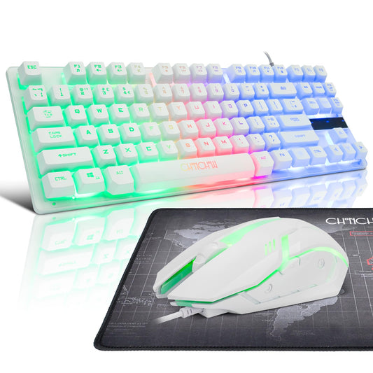 CHONCHOW 87 Keys TKL Wired Gaming Keyboard  Rainbow Led Backlight  White Keyboard and Mouse 3200DPI Combo Compatible with PC Laptop Ps4 Ps5 Xbox Gamer