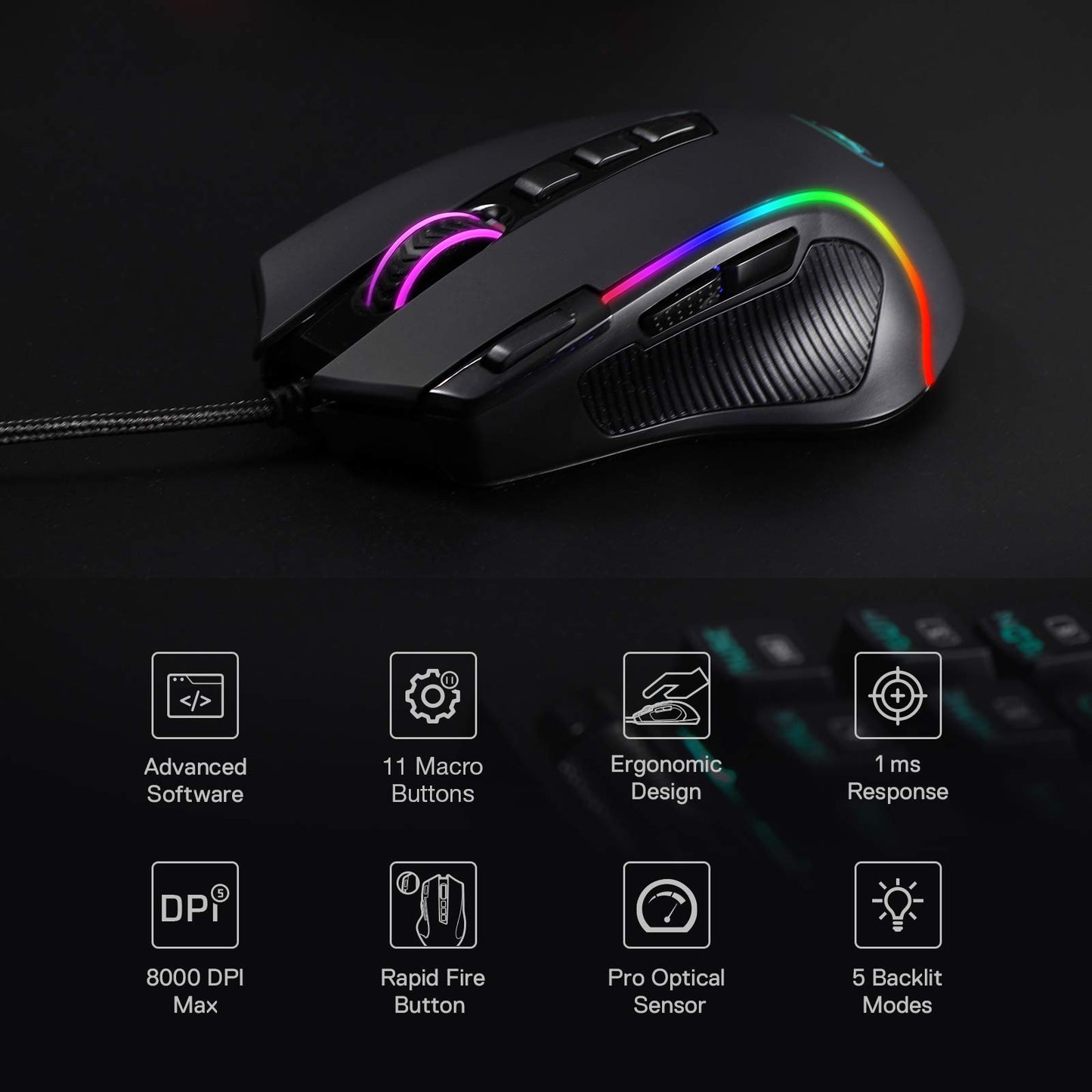 Redragon M612 Predator RGB Gaming Mouse - 8000 DPI, 11 Programmable Buttons, 5 Backlit Modes, Black