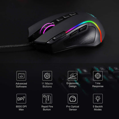 Redragon M612 Predator RGB Gaming Mouse - 8000 DPI, 11 Programmable Buttons, 5 Backlit Modes, Black