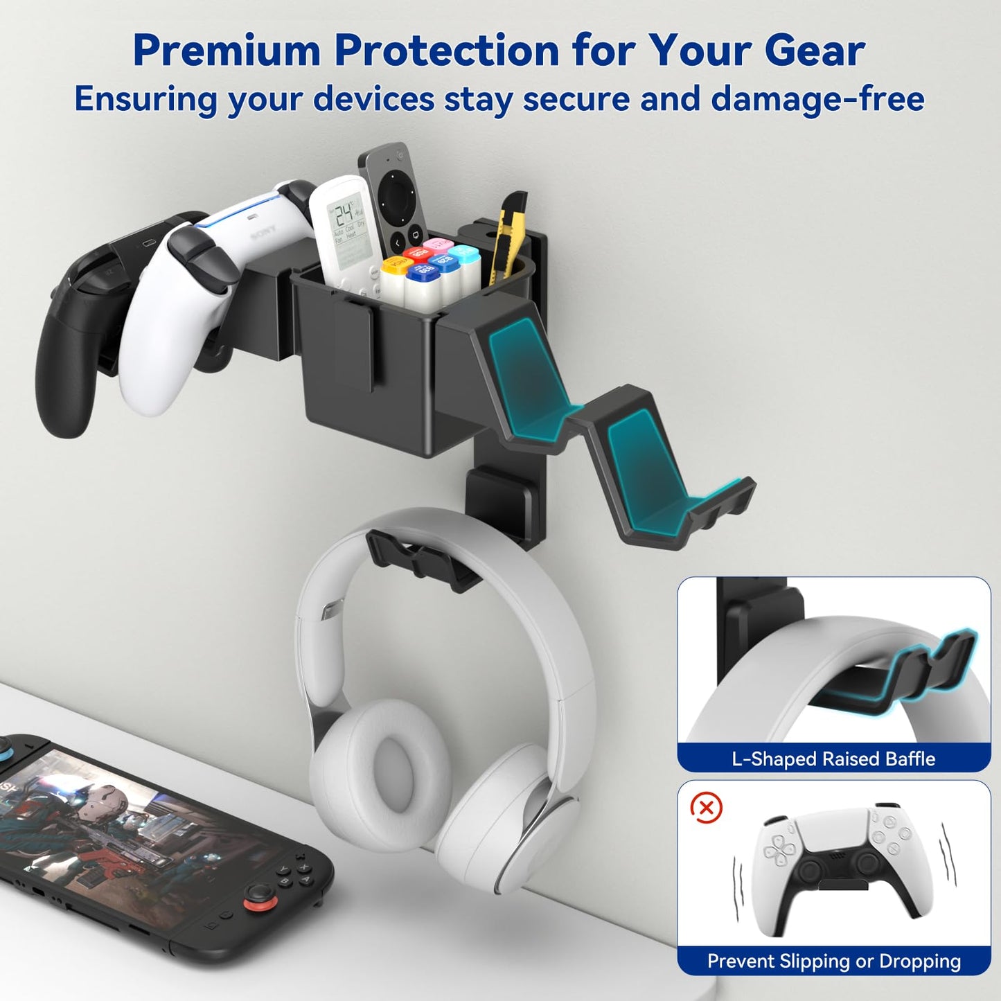 KDD Universal Gaming Wall Mount & Headset Holder, Black Organizer Stand for Xbox, PS4, PS5, Switch, Steam, Gamepad & Accessories