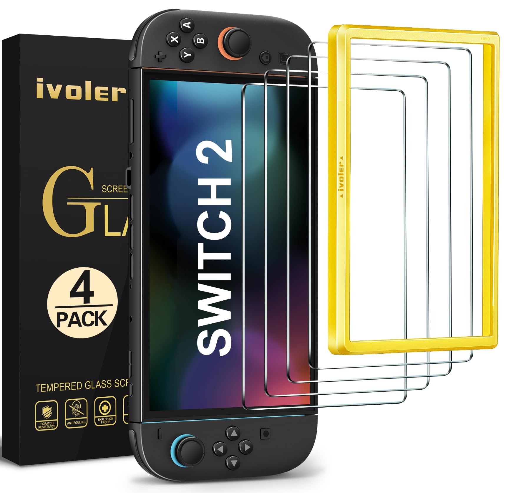 ivoler 4-Pack Tempered Glass Screen Protector Designed for Nintendo Switch 2 2025 [Easy Alignment Frame] 30s Installation  9H Hardness Transparent HD Clear  Anti-Scratch Updated Version 7.9