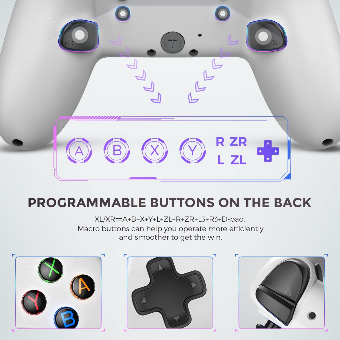 ECHTPower Switch Pro Controller - Wireless Gamepad with LED Light, Dual Vibration, Macro Buttons, Gyroscope - White, Model SP02