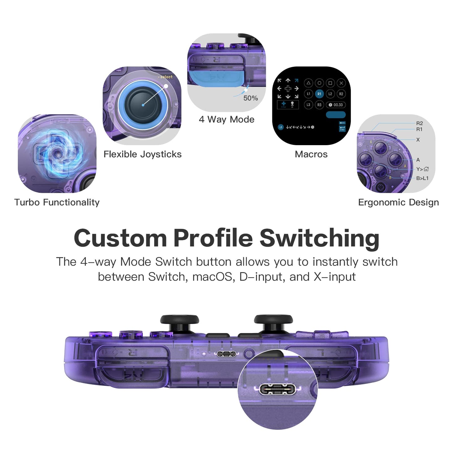 8Bitdo SN30 Pro Wireless Game Controller for Switch, Steam, PC - Purple