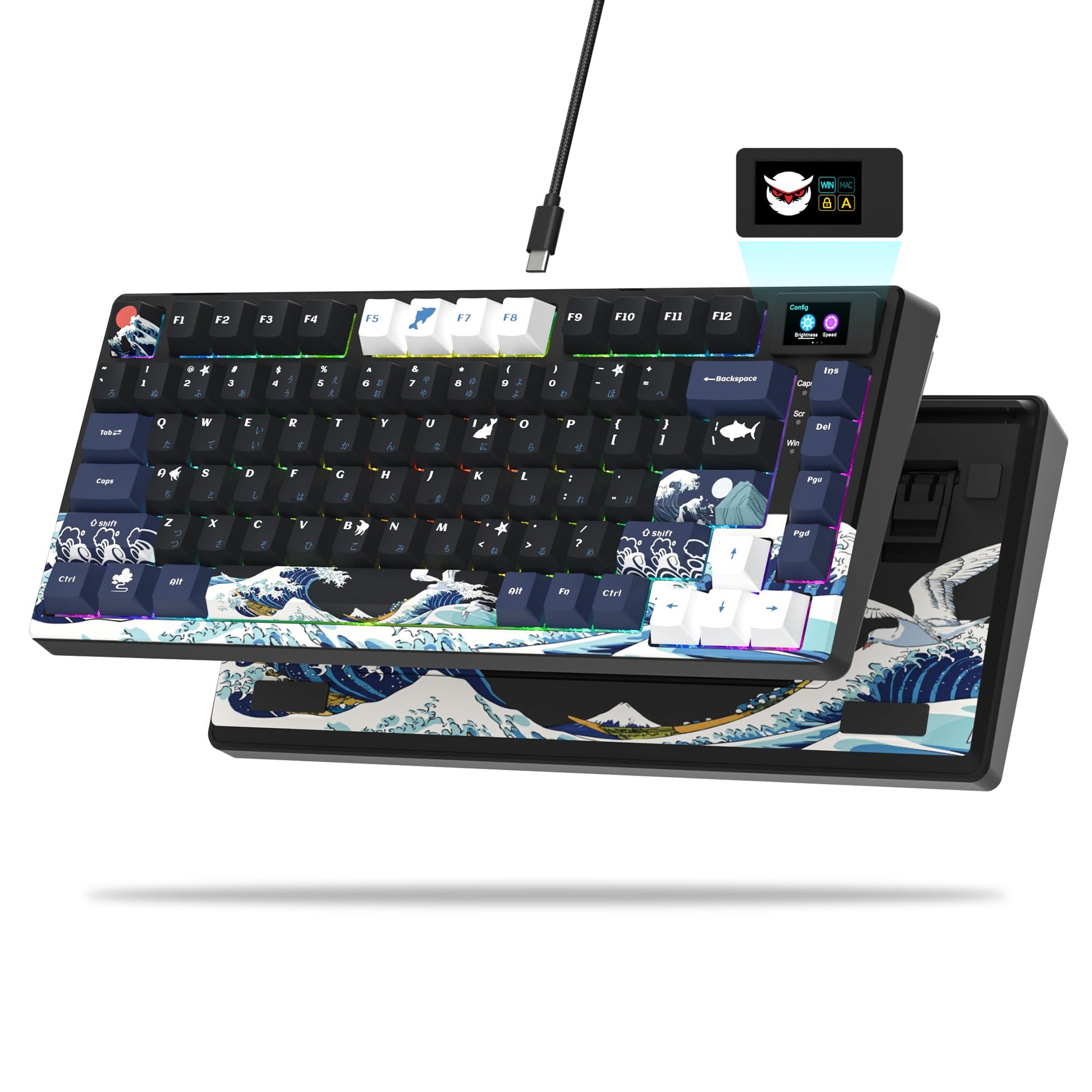 XVX S-K80 75% Keyboard with Color OLED Display Mechanical Gaming Keyboard  Hot Swappable Keyboard  Gasket Mount RGB Custom Keyboard  Pre-lubed Stabilizer for Mac/Win  Black Kanagawa Theme
