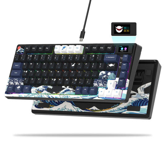 XVX S-K80 75% Keyboard with Color OLED Display Mechanical Gaming Keyboard  Hot Swappable Keyboard  Gasket Mount RGB Custom Keyboard  Pre-lubed Stabilizer for Mac/Win  Black Kanagawa Theme