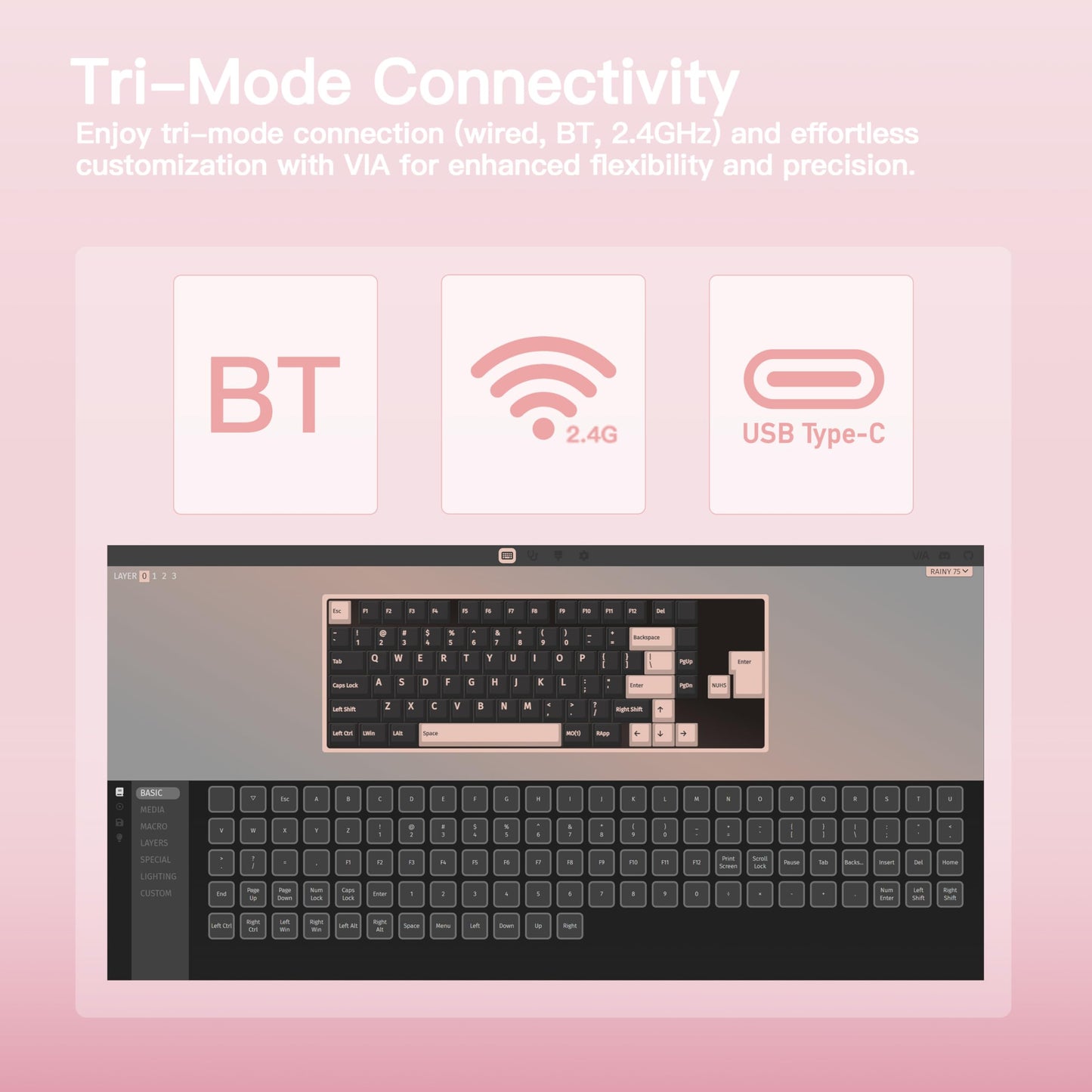 KEEBMONKEY Mechanical Keyboard - Rainy 75, Triple-Mode, RGB, 3500mAh, Violet Switch, Standard - Pink