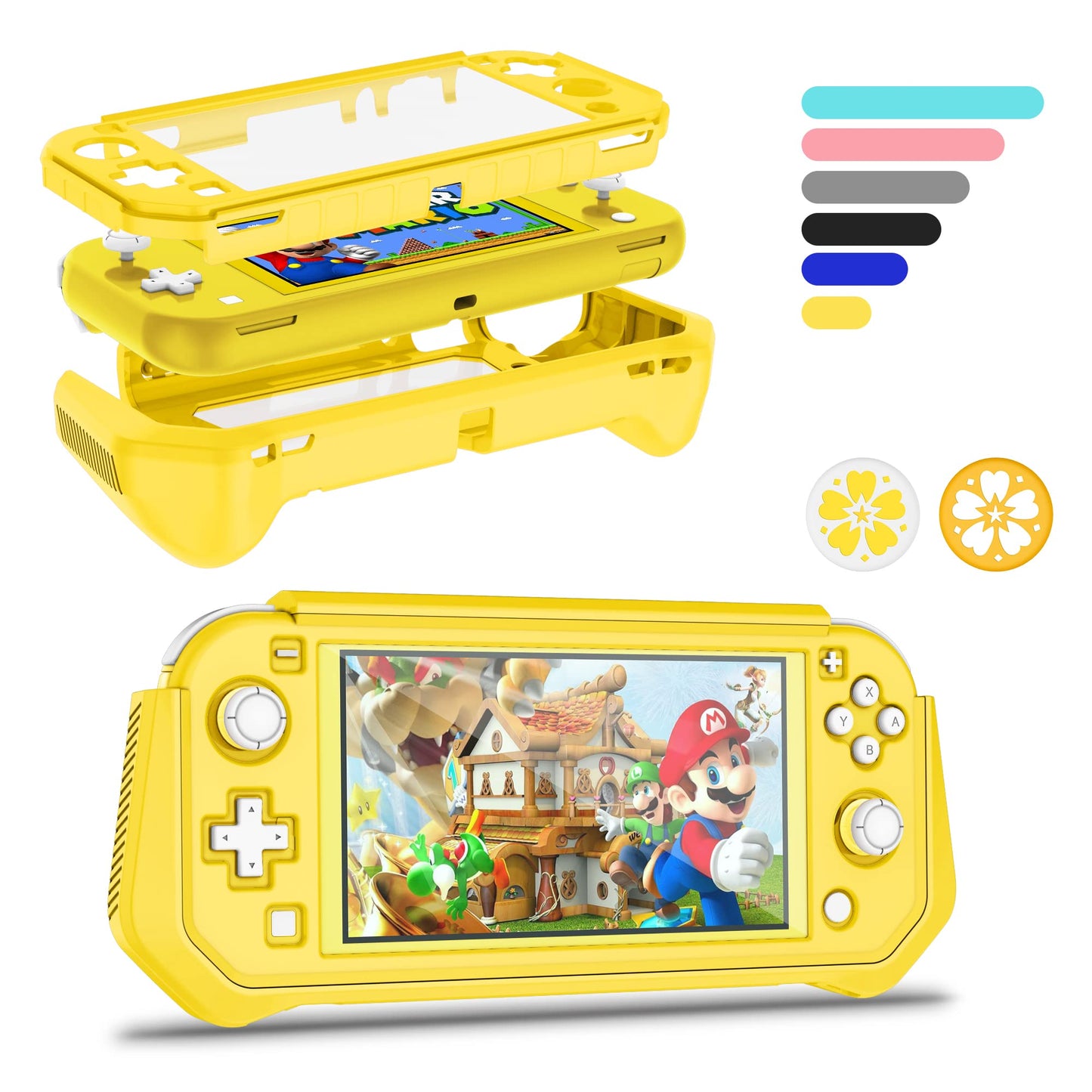 Kailfee Switch Lite Case - Yellow Protective Case with Hand Grip, TPU & PC Screen Protector, Includes 2 Thumb Grip Caps
