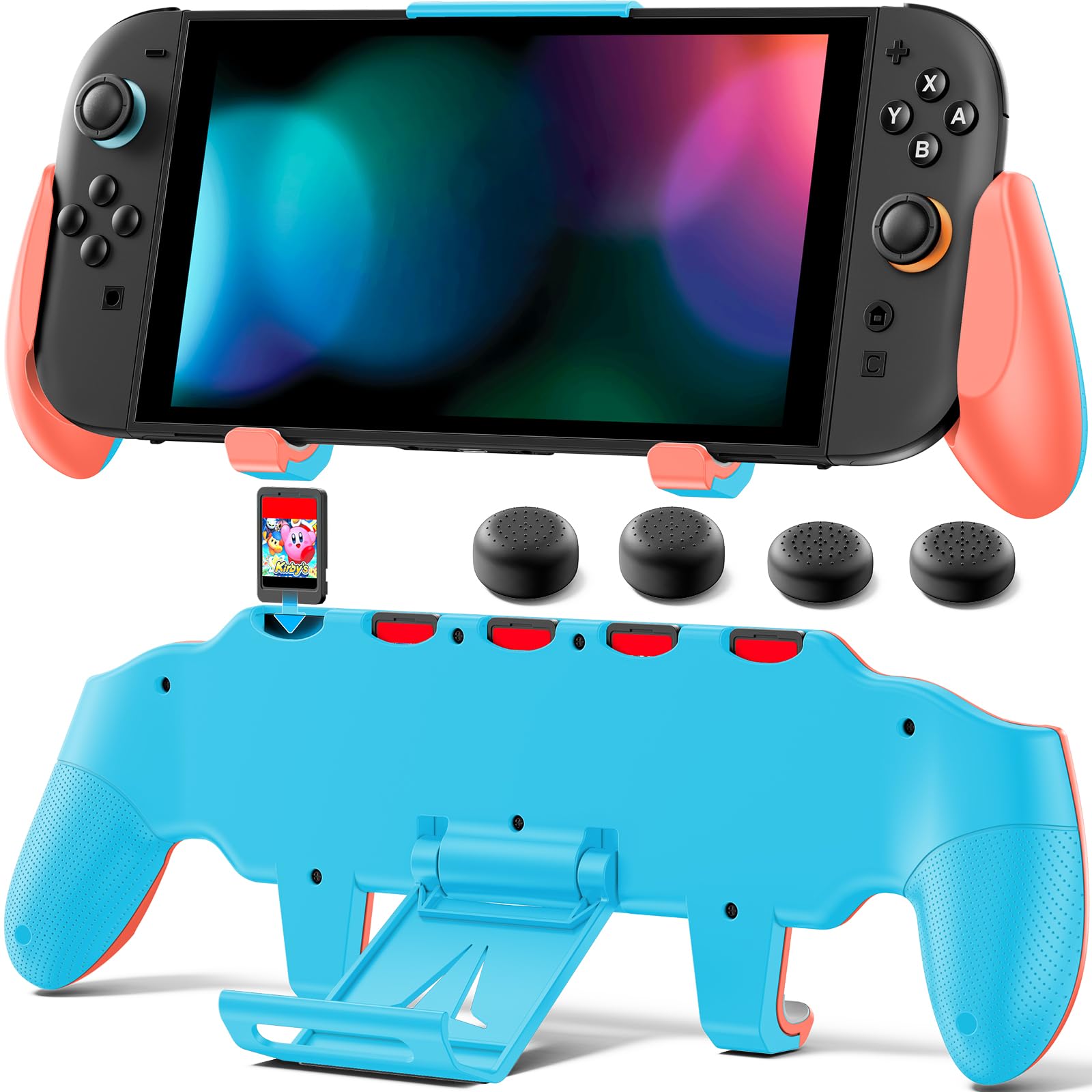 OIVO Grip Compatible with Nintendo Switch 2  Switch 2 Ergonomic Grip Case with Adjustable Stand  Comfort Game Accessories with 5 Game Card Slots and 4 Thumb Caps  Orange Blue