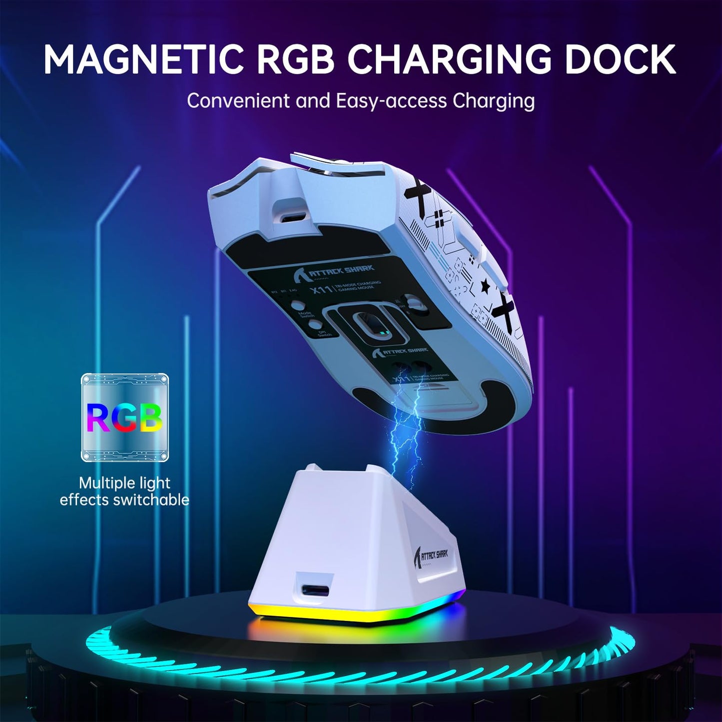 ATTACK SHARK X11 Lightweight Wireless Gaming Mouse - RGB Dock, 22K DPI, Tri-Mode, White with Anti-slip Sticker