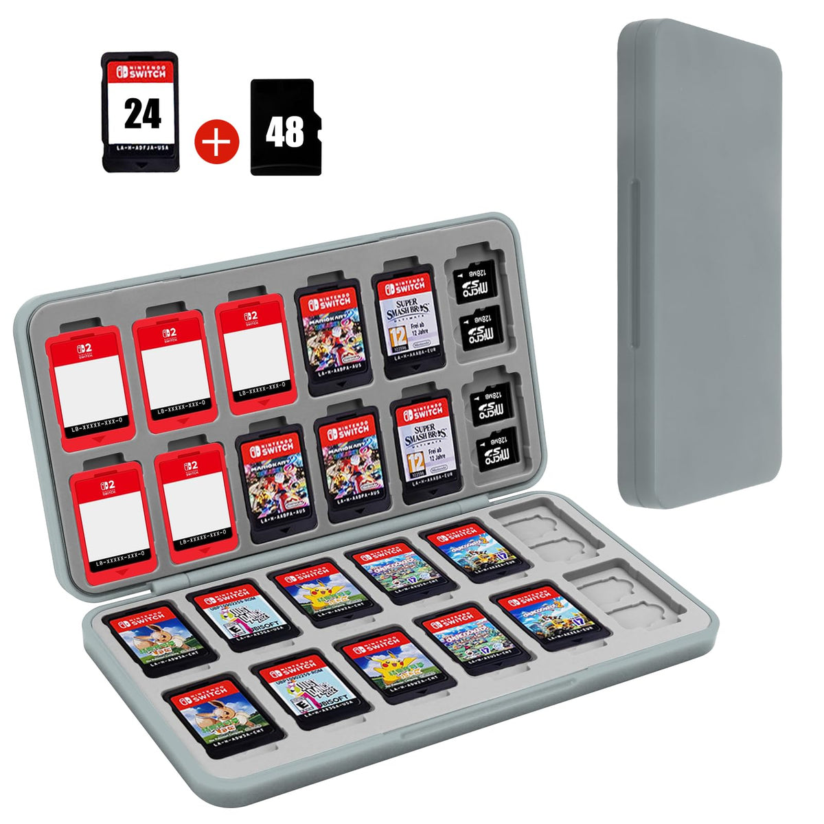 FYY Nintendo Switch Game Case Holder for Switch 2 refill unit Case with 24 Game Card sections & 48 Micro SD Card sections  Hard Shell  Silicone Lining Grey
