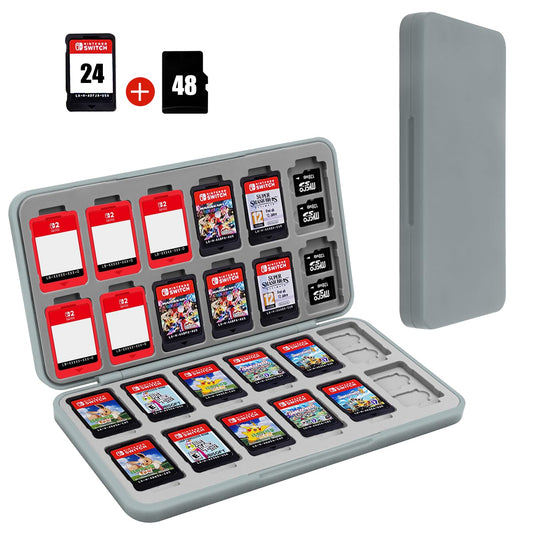 FYY Nintendo Switch Game Case Holder for Switch 2 refill unit Case with 24 Game Card sections & 48 Micro SD Card sections  Hard Shell  Silicone Lining Grey