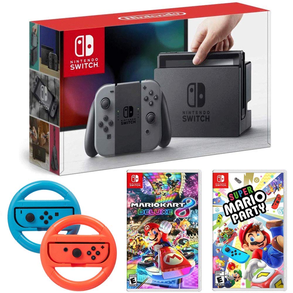 Nintendo Switch 32GB Console with Gray Joy Con Bundle w/Super Mario Party  Mario Kart 8 Deluxe and Steering Wheel Blue/Red 2-Pack