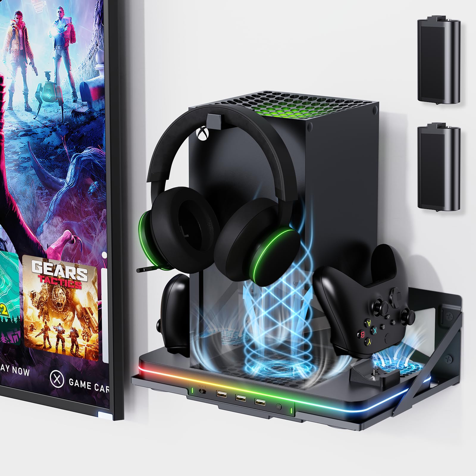 Wall Mount with Cooling Fan Charging Stand for Xbox Series X/S  Vertical Dual Controller Charger Station with 2 X 1100 mAh Rechargeable Battery for Xbox Console Accessories  3 USB Ports  Headset Stand