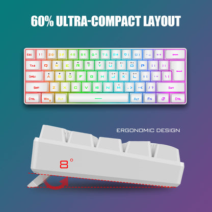 RedThunder 60% Mini Gaming Keyboard & Mouse Combo, RGB Backlit, 7200 DPI, Wired, Ultra-Compact, White
