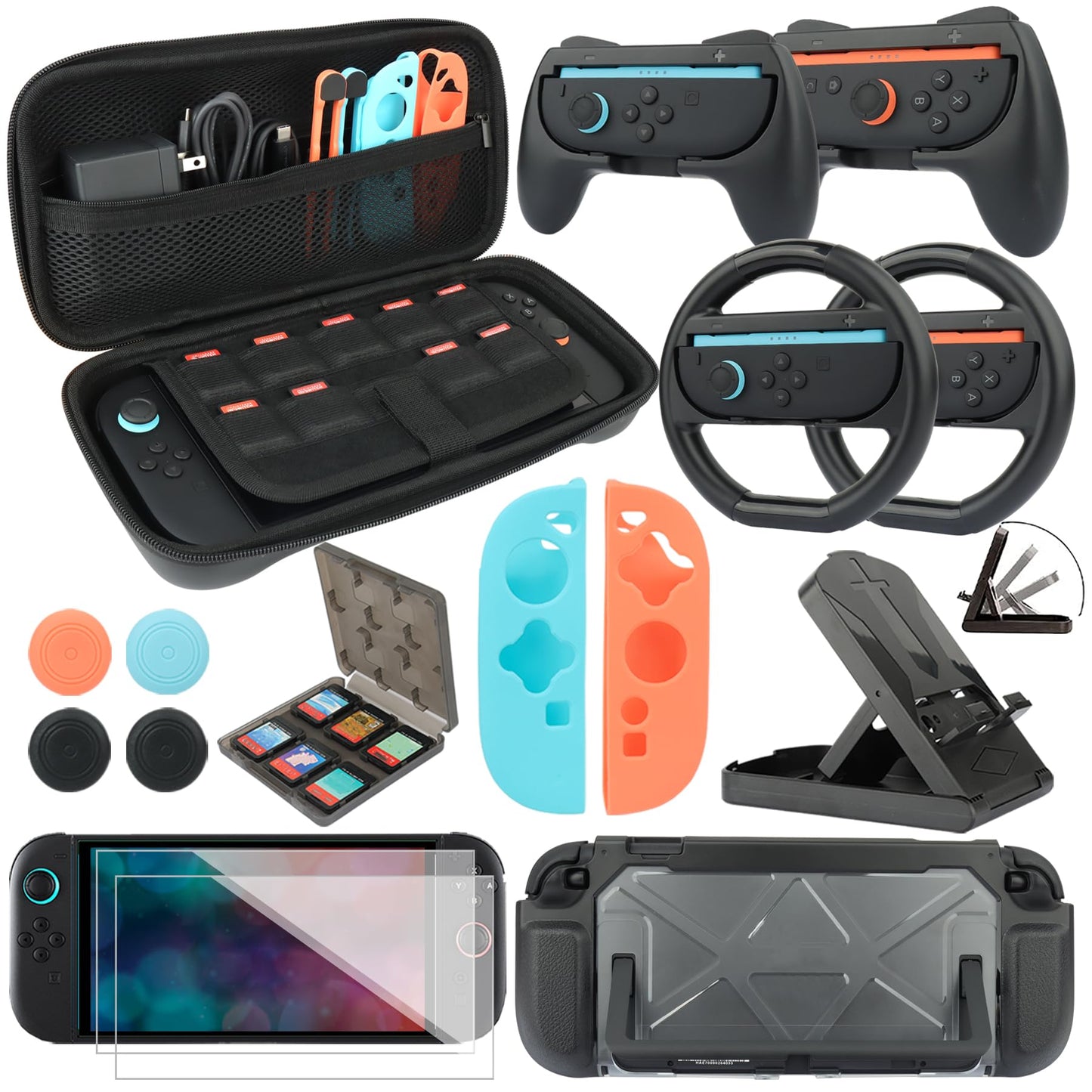 RTop Switch 2 Accessories Kit for Nintendo Switch 2 (2025) Family Bundle Accessories Kit with Carrying Case& Screen Protector Joy Con Grips and Steering Wheels Case Cover Stand and More (16 in 1)