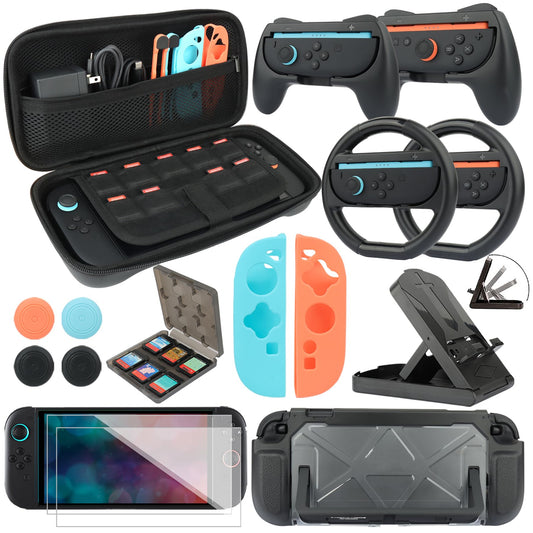 RTop Switch 2 Accessories Kit for Nintendo Switch 2 (2025) Family Bundle Accessories Kit with Carrying Case& Screen Protector Joy Con Grips and Steering Wheels Case Cover Stand and More (16 in 1)