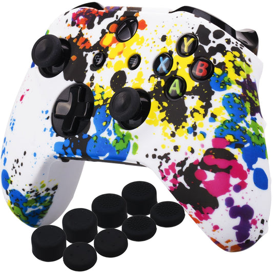 YoRHa Printing Rubber Silicone Cover Skin Case for Xbox One S/X Controller x 1(Graffiti) with PRO Thumb Grips x 8