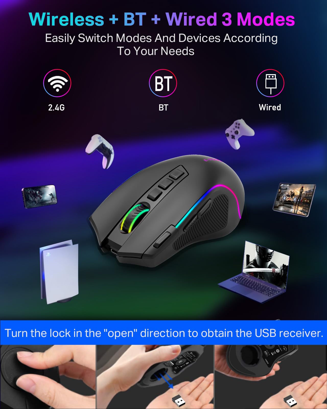 E-YOOSO x-11 PRO Gaming Mouse - Tri-Modes Wireless/Bluetooth/Wired, 8000 DPI, RGB Backlit, 9 Programmable Buttons, Black