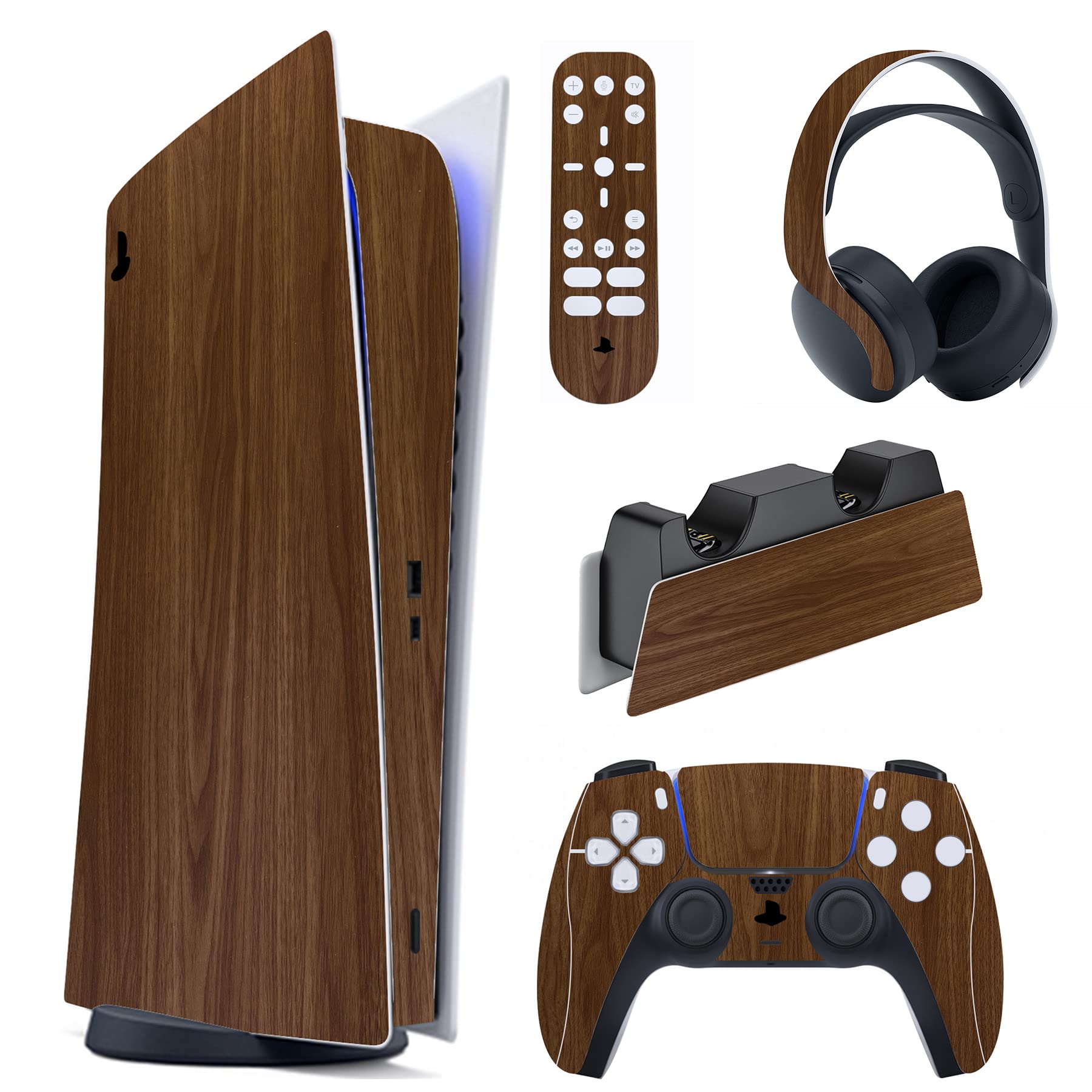 PlayVital Wood Grain Full Set Skin Decal for ps5 Console Digital Edition  Sticker Vinyl Decal Cover for ps5 Controller & Charging Station & Headset & Media Remote