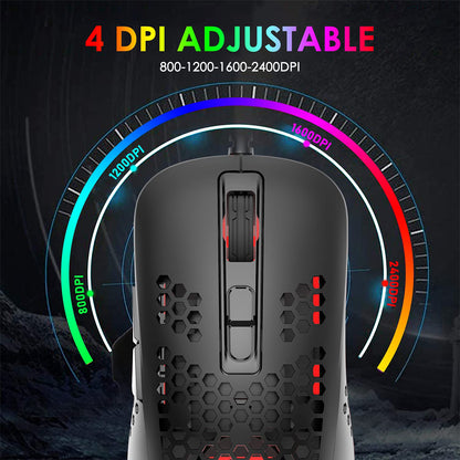 KUIYN 383 Ultralight Wired Gaming Mouse - 4 RGB Backlights, 2400 DPI, Honeycomb Shell, Black