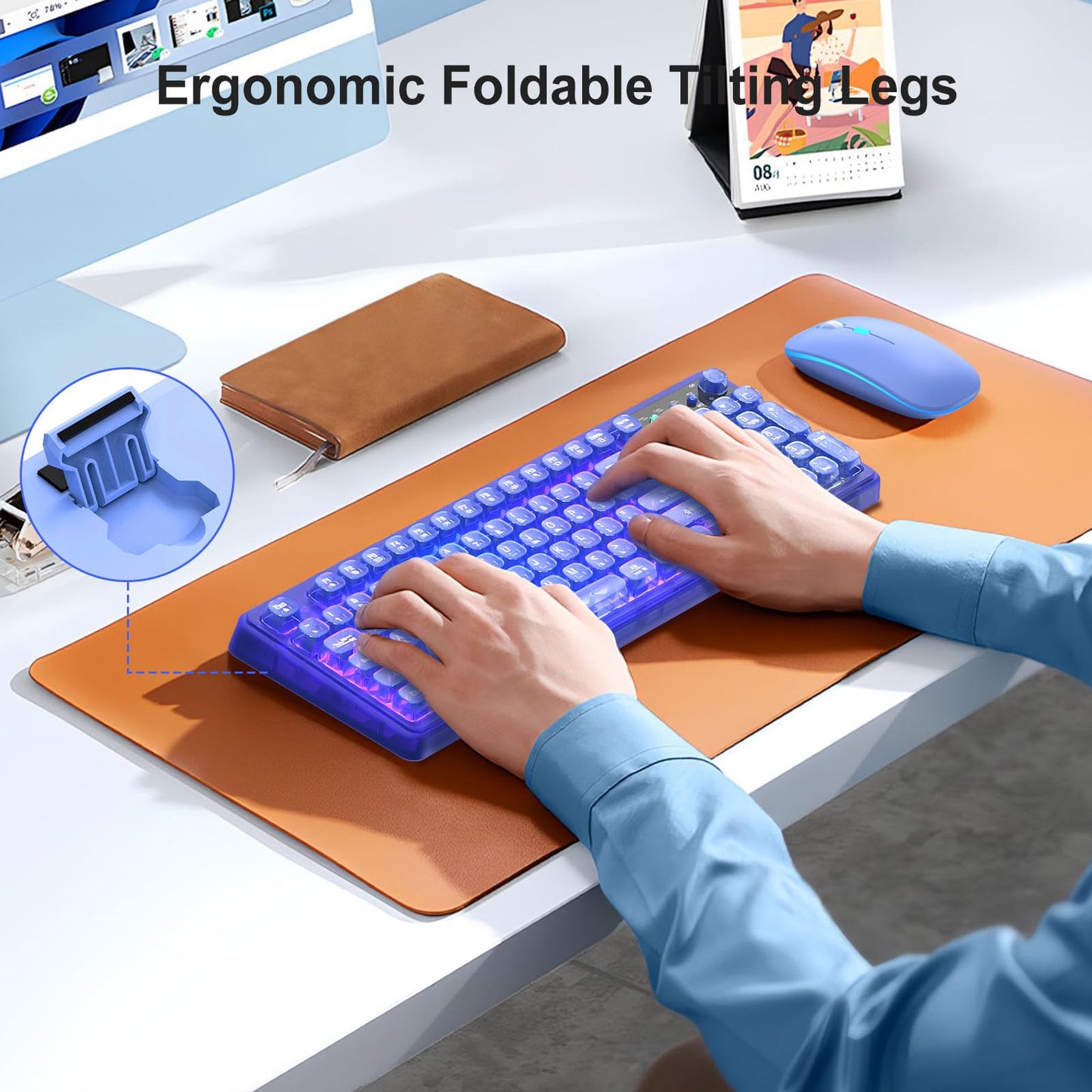 BAIHUAFRU Wireless Backlit Keyboard and Mouse Set, Full Size, Blue Light, 2.4GHz, Rechargeable, RGB Effects, Volume Knob, Mac/PC