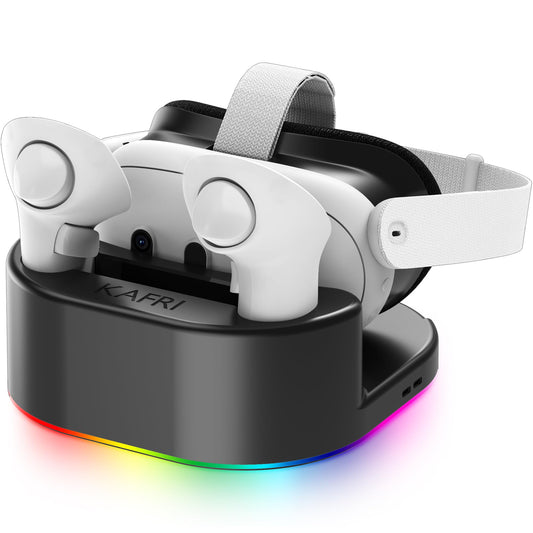 KAFRI Charging Dock for Meta/Oculus Quest 3/3s/2 Headset  VR Accessories Charger Station with RGB Light  Display Stand and 2 USB C Charger for Head Strap or Other Devices  Gamer Gift for Men Boyfriend