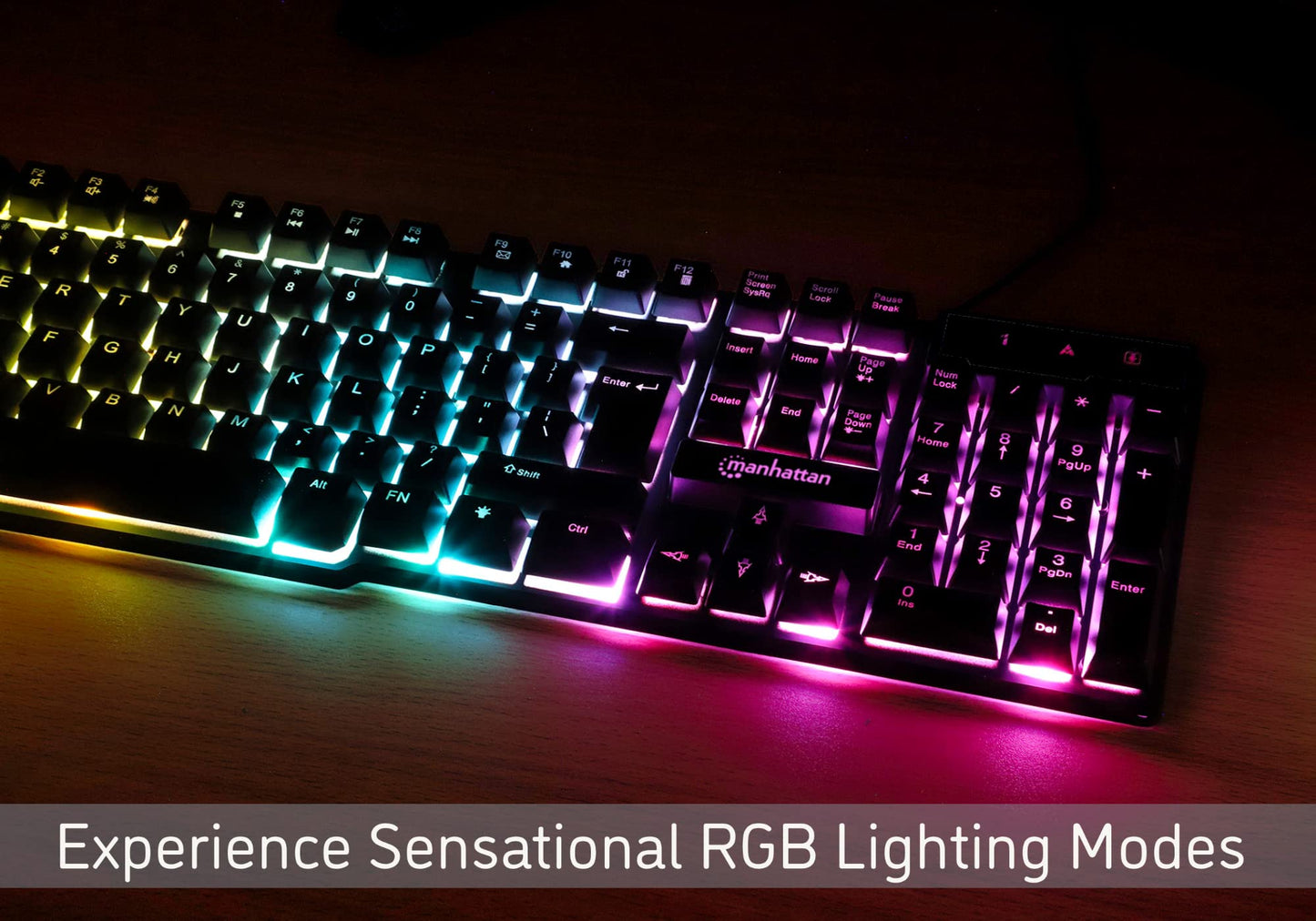 Manhattan Gaming Keyboard - Backlit RGB LED, Quiet Keystrokes, USB-A, Black, 12 Multimedia Keys, 3 Yr Warranty