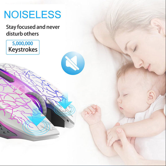 TENMOS M2 Wireless Gaming Mouse - Ergonomic, Silent, 7-Color LED, 3 Adjustable DPI, White, USB Rechargeable, Model M2002