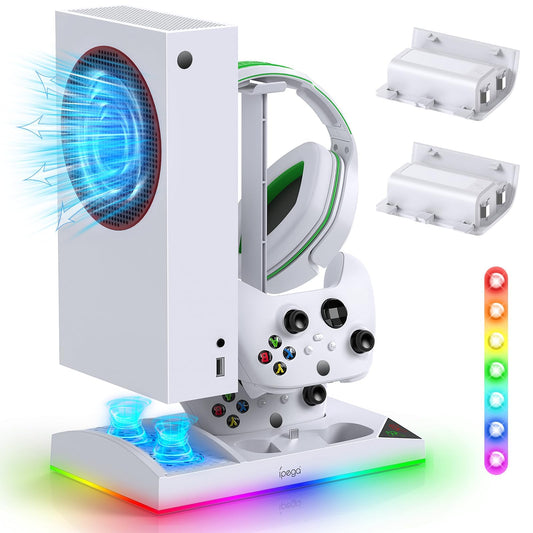 Upgraded RGB Cooling Fan Charging Station for Xbox Series S Console& Controller Dual Charger Dock Cooler System Stand with 15 Colorful Light Modes Accessories with 2*1400mAH Rechargeable Battery White